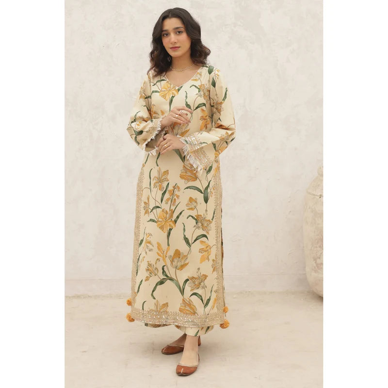 Mahrani Ivory Flora 2-Piece Stitched Suit