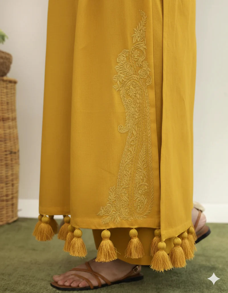 Mahrani Golden Glow Lawn Suit | Chiffon Dupatta 3 Piece Dress