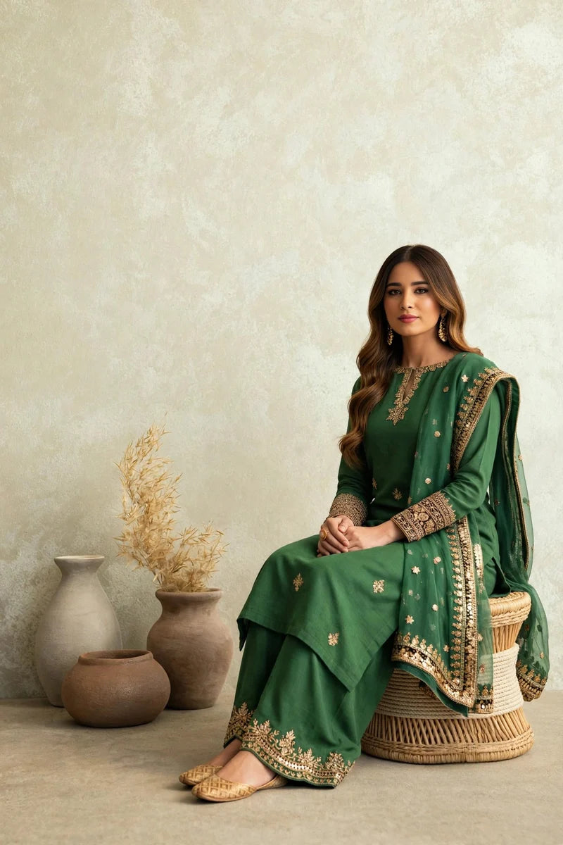 Mahrani Green Zareen Lawn Suit - 3 Piece Embroidered Ready to Wear