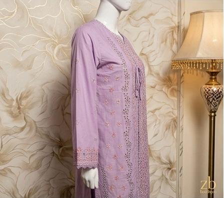 Minsa Collections – Elegant Lavender 3-Piece Embroidered Cotton Suit with Printed Dupatta