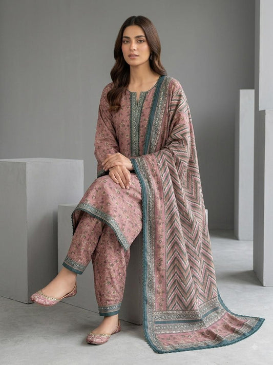 Bin Saeed Dusty Rose Floral Printed 3-Piece Lawn Suit with Chevron Dupatta