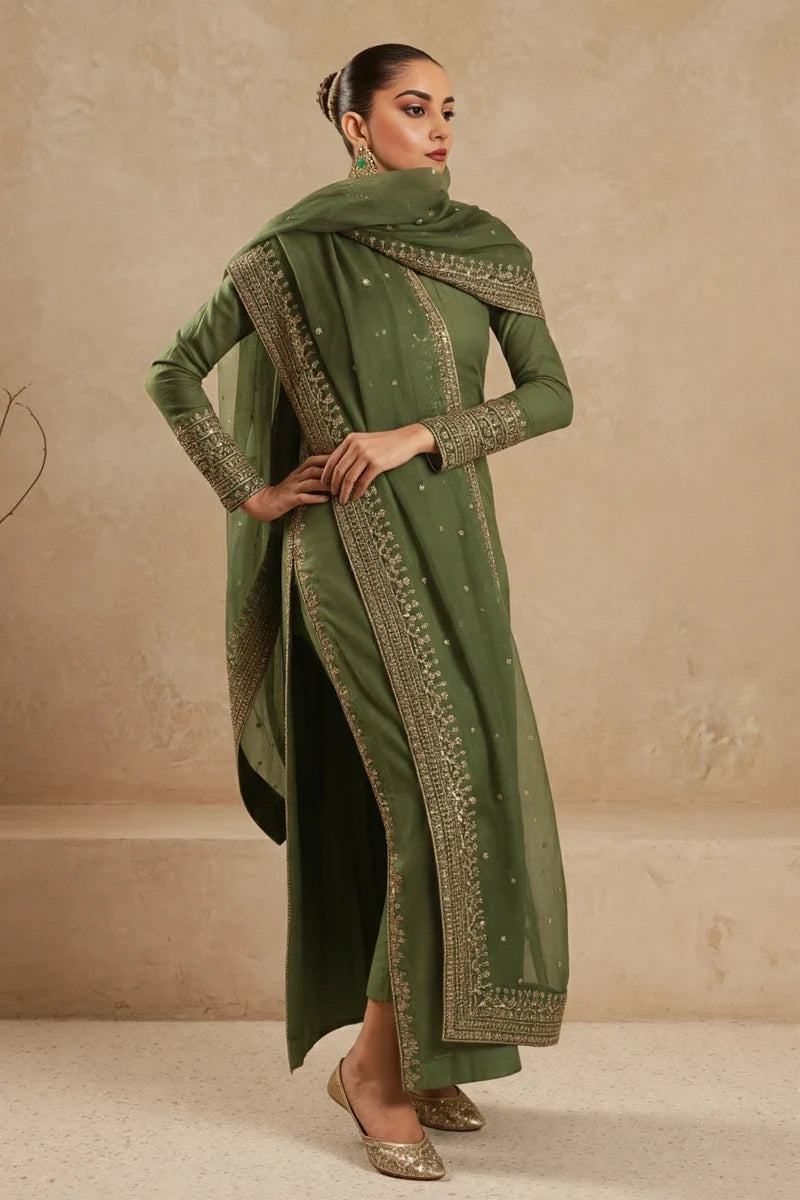 Mahrani Olive Pearl Lawn Suit | Tila Sequin Embroidered 3 Piece with Chiffon Dupatta