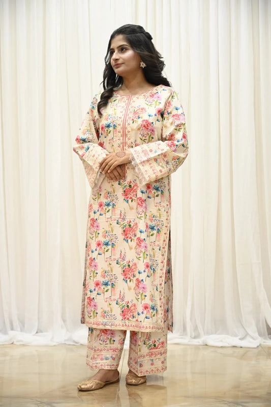 Mahrani Ivory Bloom – Luxury Embroidered Suit for Women
