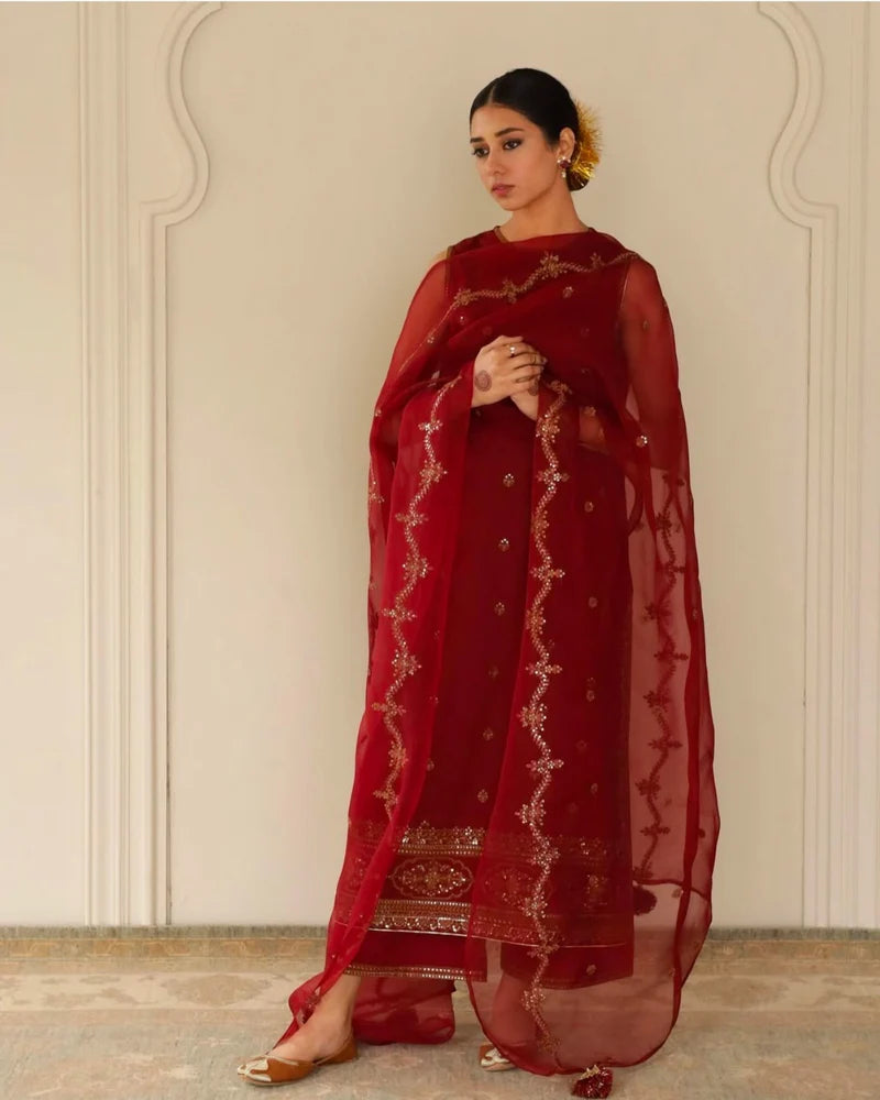 Mahrani Royall Red Maroon Attire – Luxury 3-Piece Suit for Women