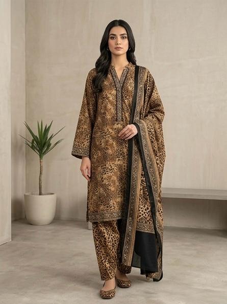 3-Piece Women’s Leopard Print Lawn Suit with Geometric Embroidered Border & Dupatta