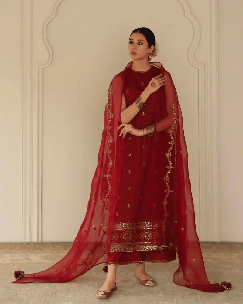 Mahrani Royall Red Maroon Attire – Luxury 3-Piece Suit for Women