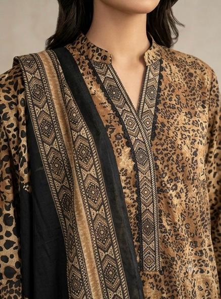 3-Piece Women’s Leopard Print Lawn Suit with Geometric Embroidered Border & Dupatta