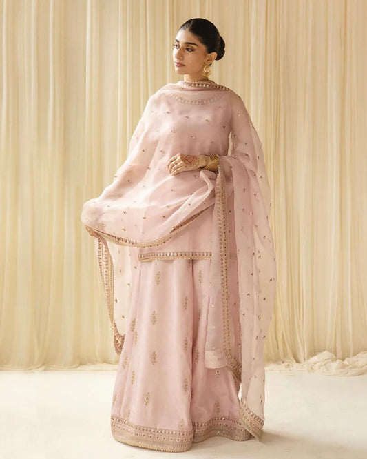 Mahrani Pink Majesty Sharara Suit | Blush Pink Premium Lawn 3 Piece
