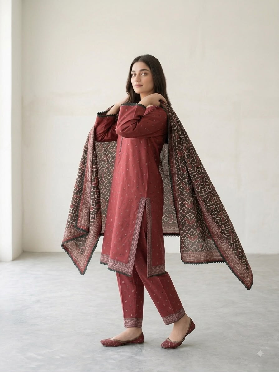 Bin Saeed – Deep Rust Printed 3-Piece Lawn Collection