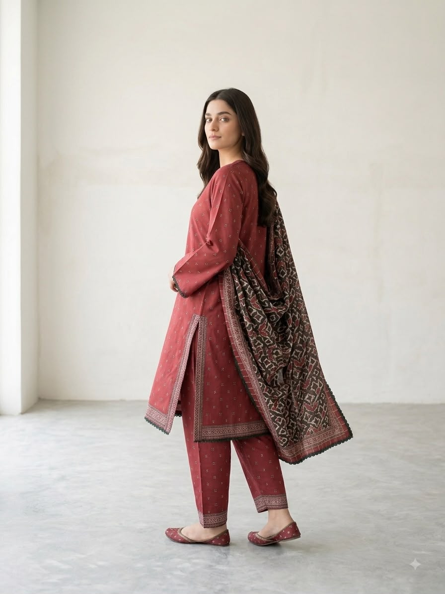 Bin Saeed – Deep Rust Printed 3-Piece Lawn Collection