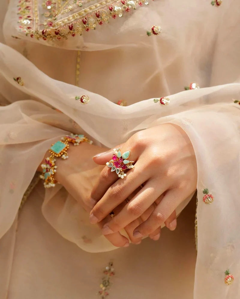 Mahrani's Golden Petal Lawn Suit | Golden Embroidery with Organza Dupatta