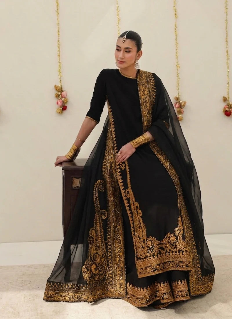 Mahrani Zarshab Black Festive 26 | Black Tilla & Sequins Lawn Suit