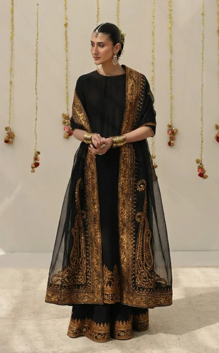 Mahrani Zarshab Black Festive 26 | Black Tilla & Sequins Lawn Suit