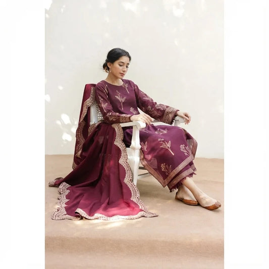 Mahrani Mahroon Aura Suit | Full Sleeve Lawn 3 Piece Stitched