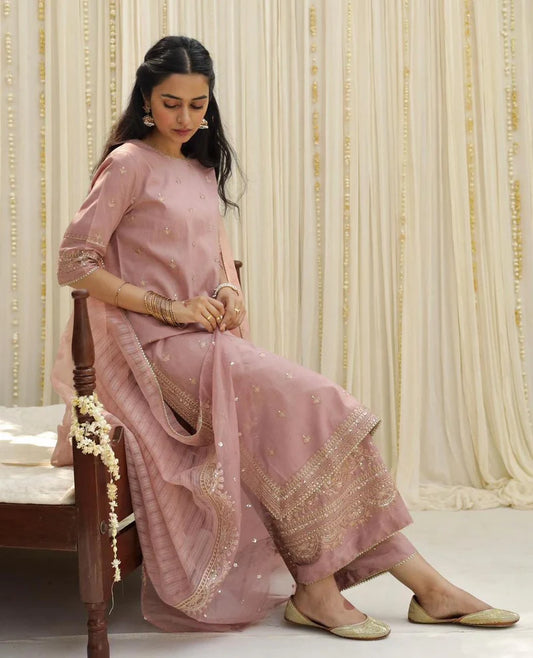 Mahrani Rosy Vintage Pink Lawn Suit | Golden Sequin 3 Piece Dress