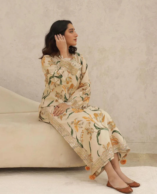 Mahrani Ivory Flora 2-Piece Stitched Suit