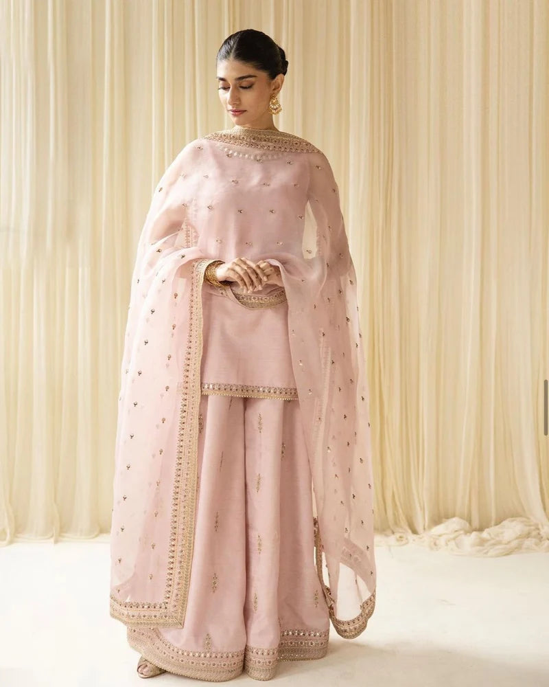 Mahrani Pink Majesty Sharara Suit | Blush Pink Premium Lawn 3 Piece