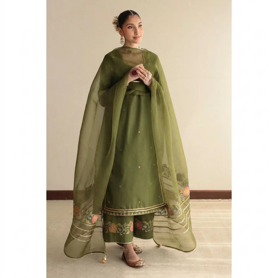 Mahrani Olive Pret Lawn Suit – Soft Olive Dhaga Embroidery Dress