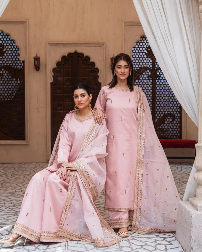 Mahrani Royal Pink Majesty Sharara Suit | Blush Pink Premium Lawn 3 Piece