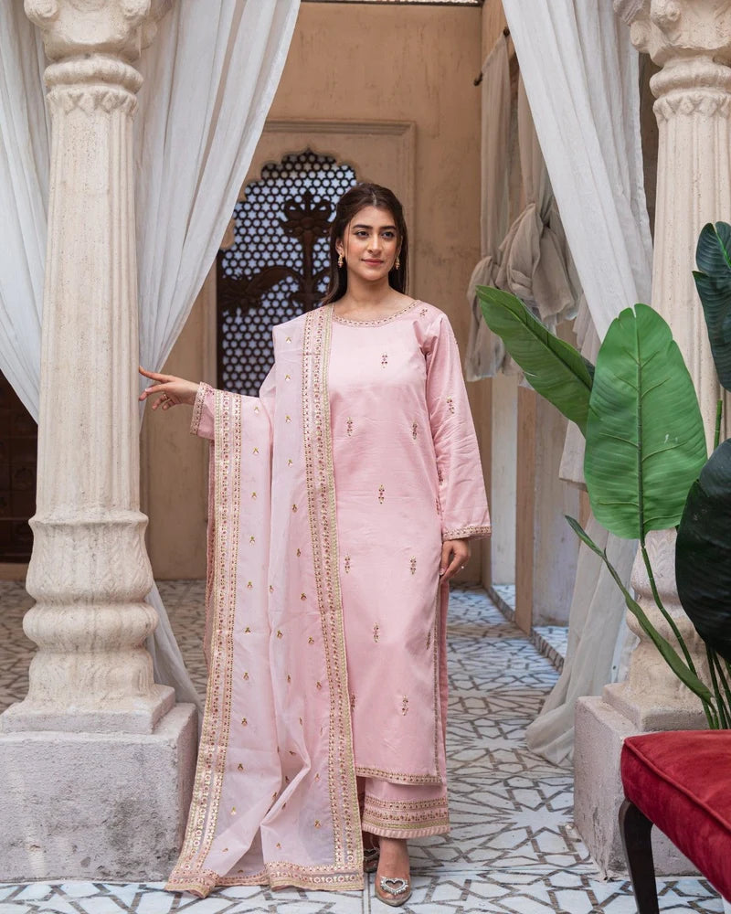 Mahrani Royal Pink Majesty Sharara Suit | Blush Pink Premium Lawn 3 Piece