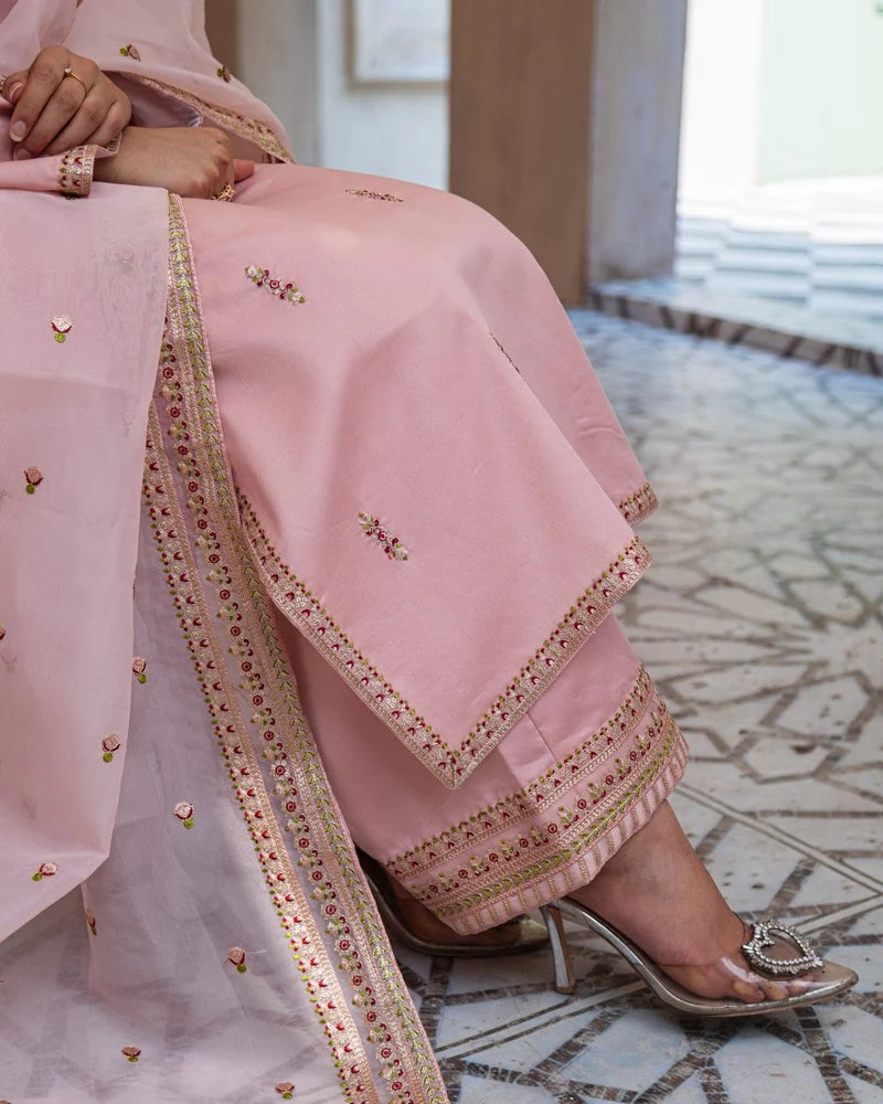 Mahrani Royal Pink Majesty Sharara Suit | Blush Pink Premium Lawn 3 Piece