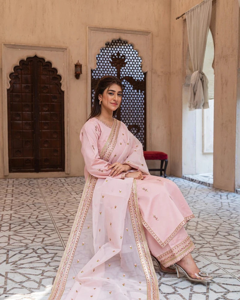 Mahrani Royal Pink Majesty Sharara Suit | Blush Pink Premium Lawn 3 Piece