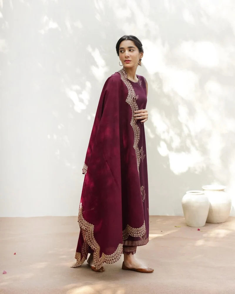 Mahrani Mahroon Aura Suit | Full Sleeve Lawn 3 Piece Stitched