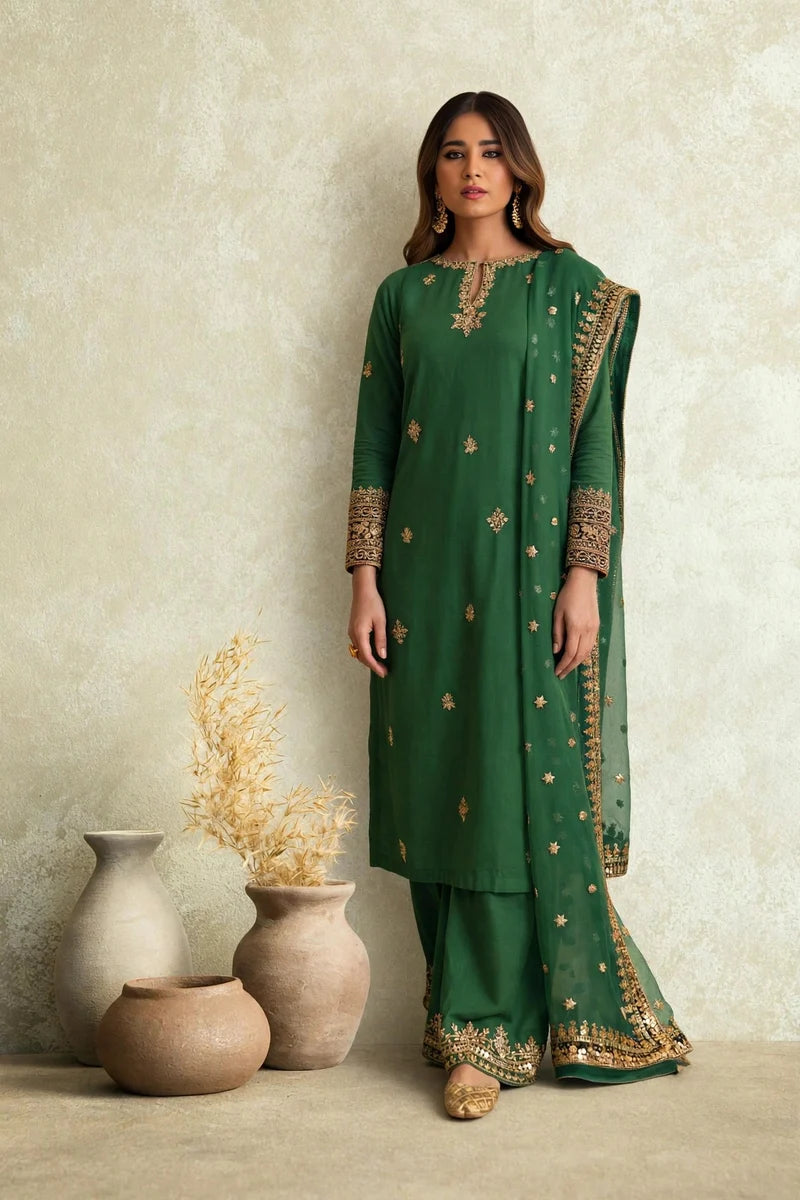 Mahrani Green Zareen Lawn Suit - 3 Piece Embroidered Ready to Wear