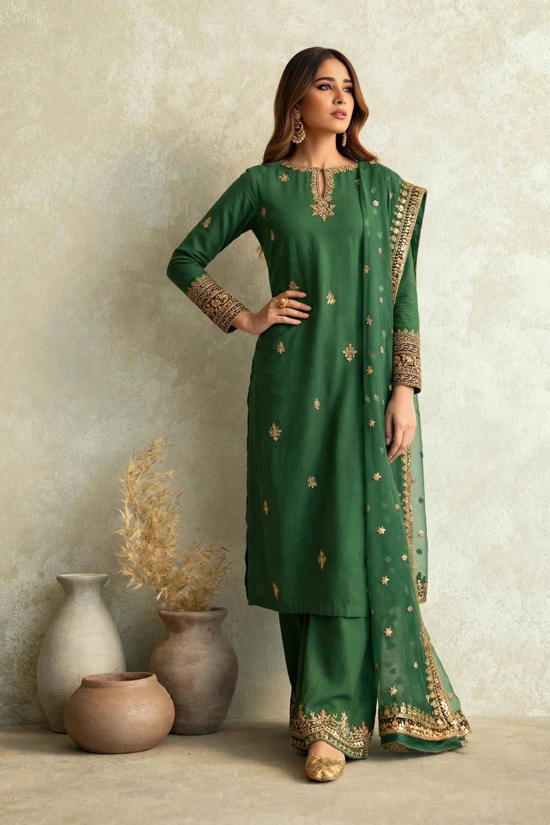 Mahrani Green Zareen Lawn Suit - 3 Piece Embroidered Ready to Wear