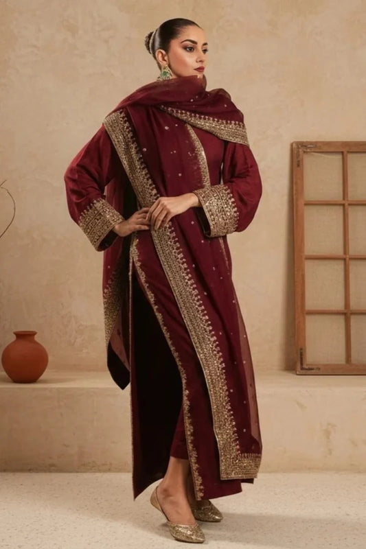 Mahrani Maroon Pearl Lawn Suit | Tila Sequin Embroidered 3 Piece with Chiffon Dupatta