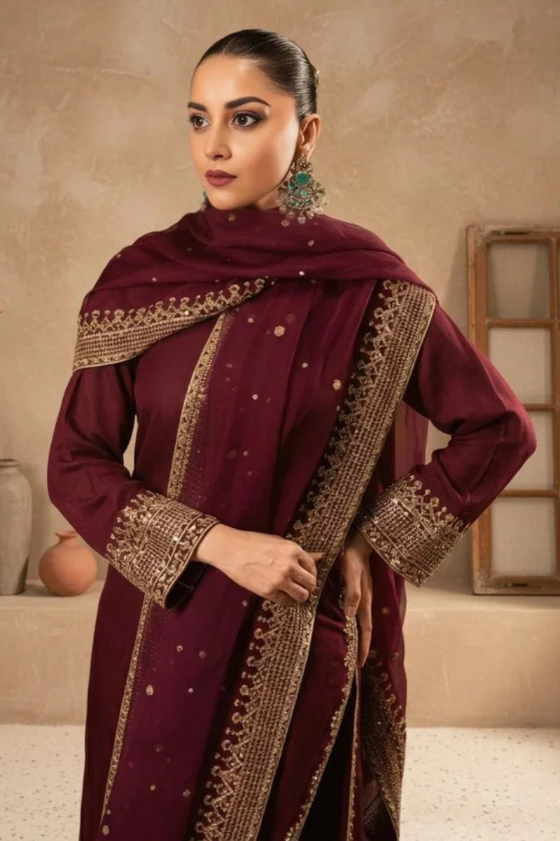 Mahrani Maroon Pearl Lawn Suit | Tila Sequin Embroidered 3 Piece with Chiffon Dupatta