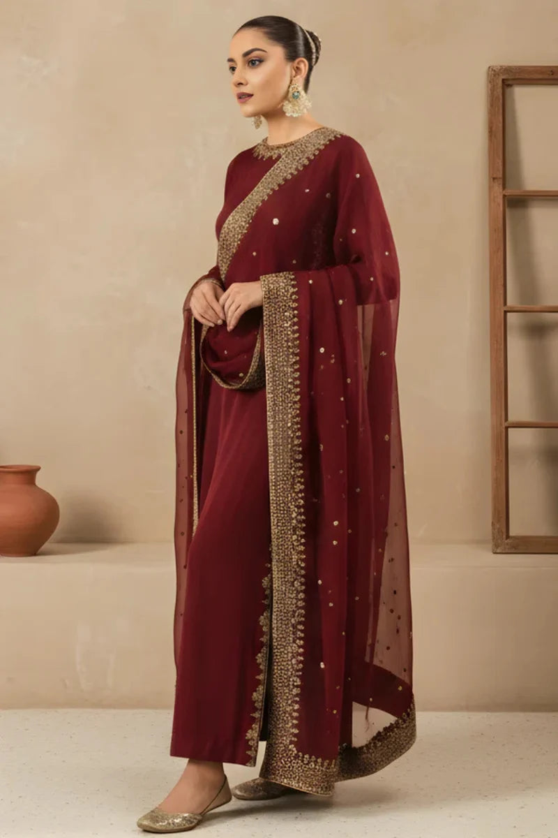Mahrani Maroon Pearl Lawn Suit | Tila Sequin Embroidered 3 Piece with Chiffon Dupatta