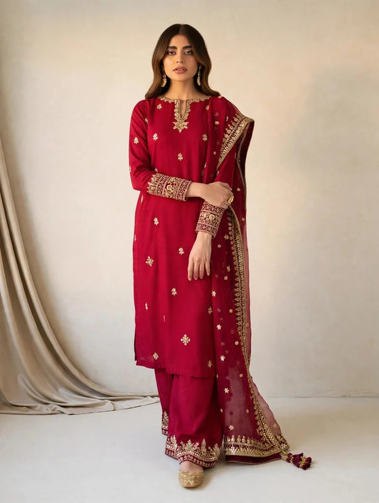 Mahrani Mahroon Zareen 3 Piece Dress | Mehroon Embroidered Lawn Suit