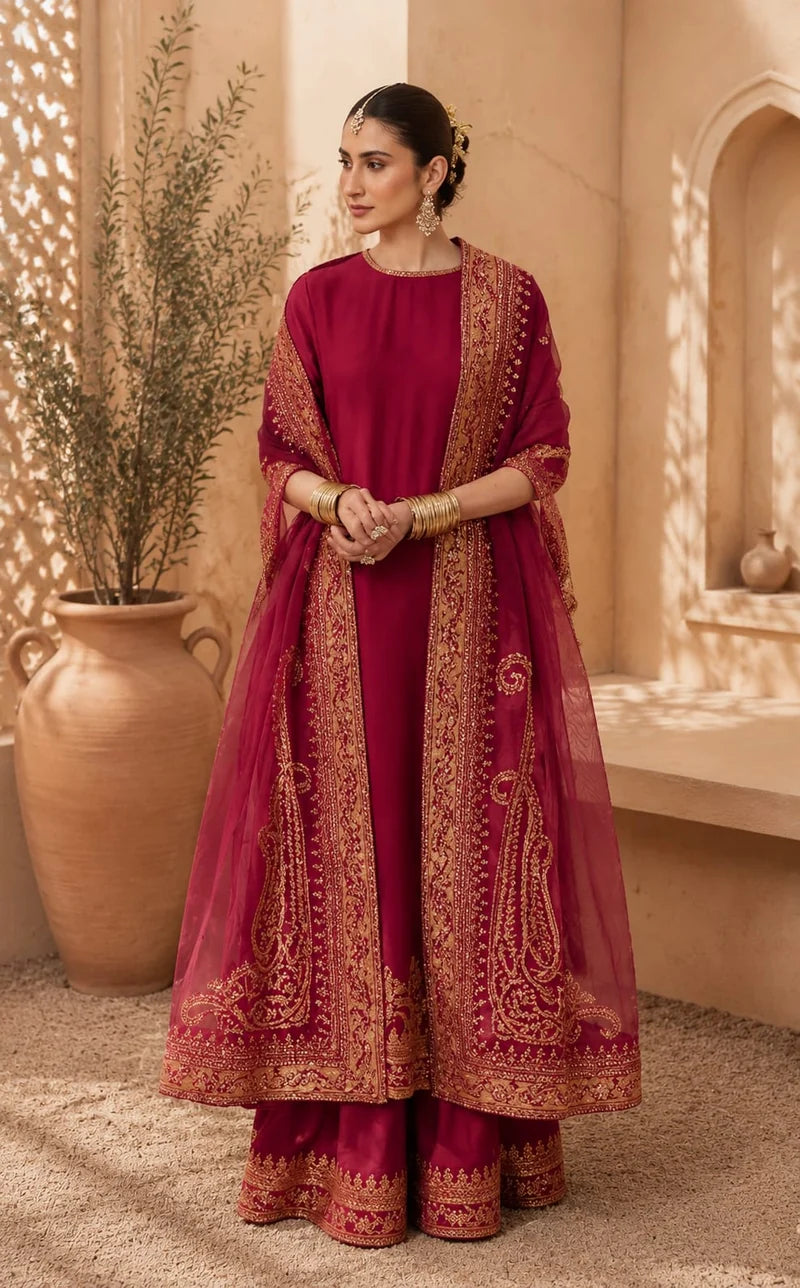 Mahrani Zarshab Mahroon Festive 26 | Golden Tilla & Sequins Lawn Suit