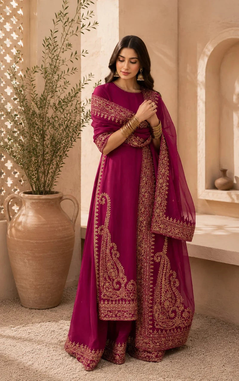 Mahrani Zarshab Mahroon Festive 26 | Golden Tilla & Sequins Lawn Suit