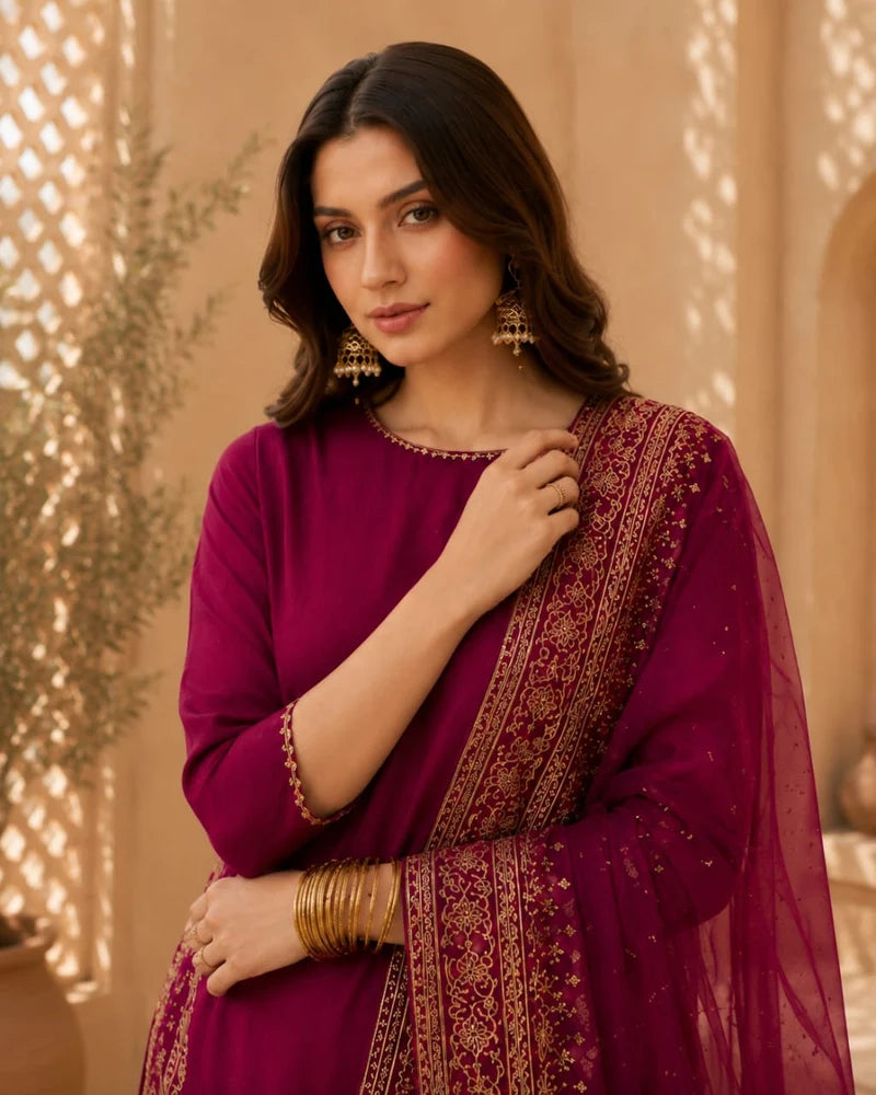 Mahrani Zarshab Mahroon Festive 26 | Golden Tilla & Sequins Lawn Suit