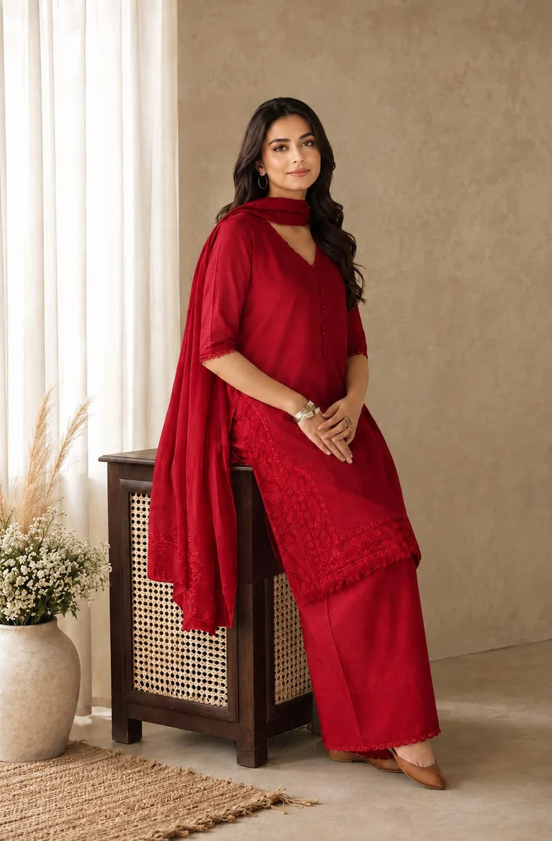 Mahrani Red Petal Lawn Suit – Bright Red 3 Piece Stitched Dress