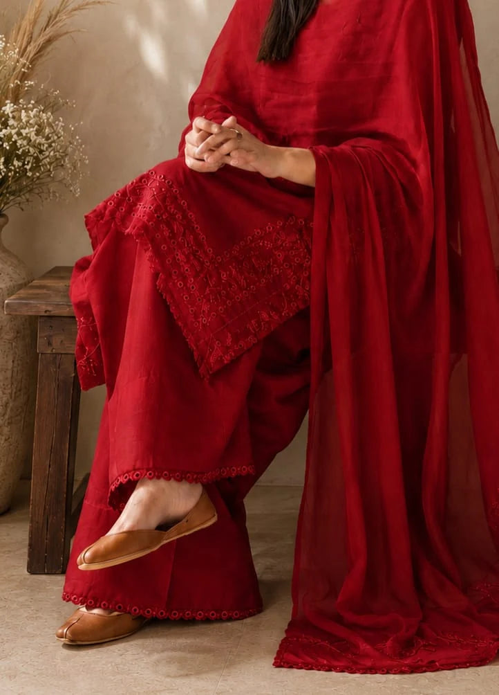Mahrani Red Petal Lawn Suit – Bright Red 3 Piece Stitched Dress