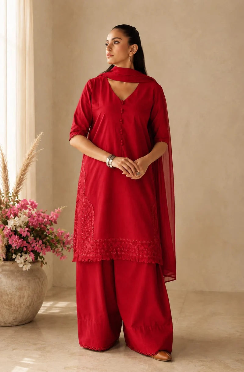 Mahrani Red Petal Lawn Suit – Bright Red 3 Piece Stitched Dress