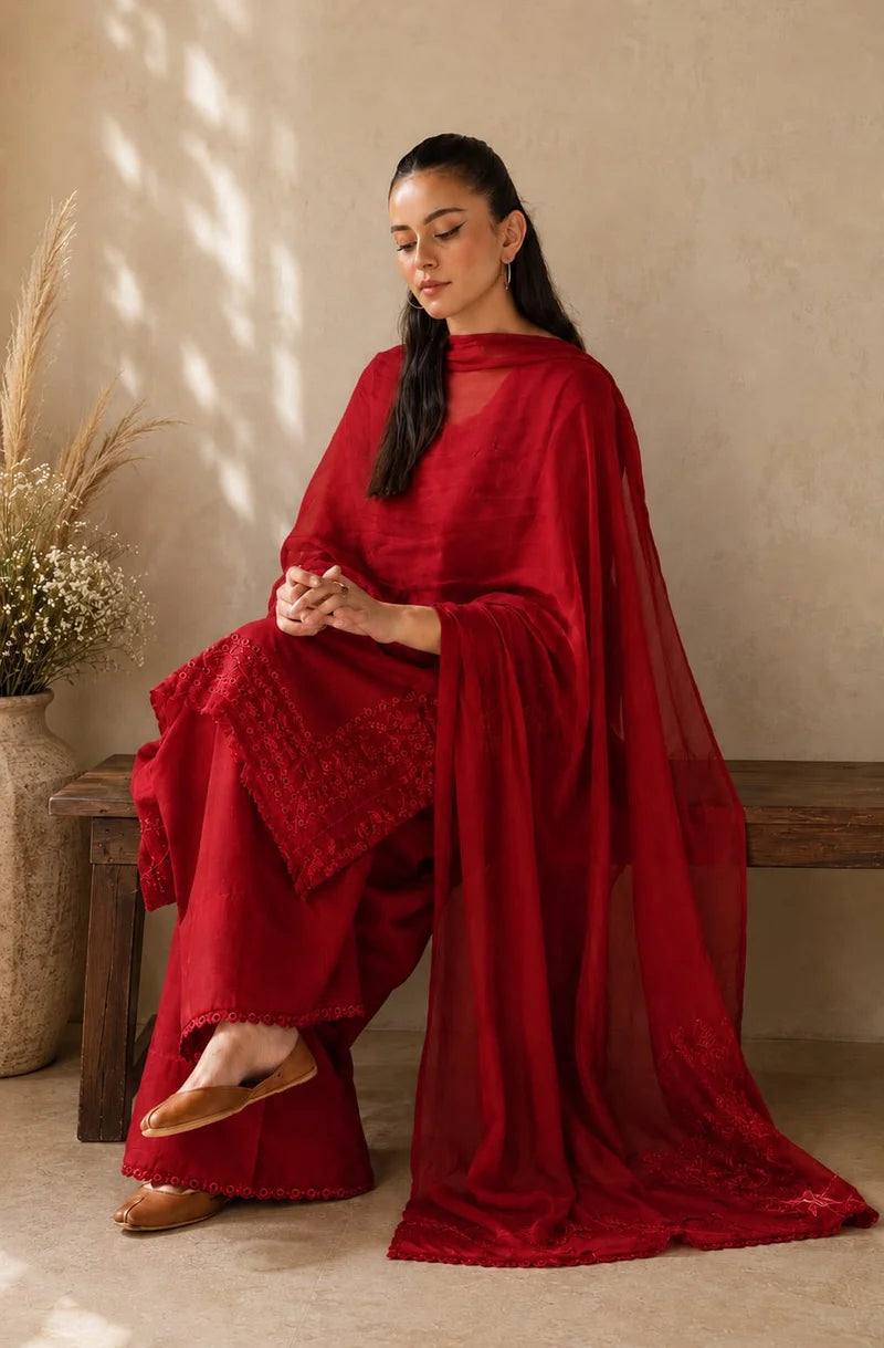 Mahrani Red Petal Lawn Suit – Bright Red 3 Piece Stitched Dress