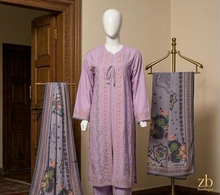 Minsa Collections – Elegant Lavender 3-Piece Embroidered Cotton Suit with Printed Dupatta