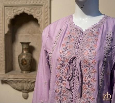 Minsa Collections – Elegant Lavender 3-Piece Embroidered Cotton Suit with Printed Dupatta