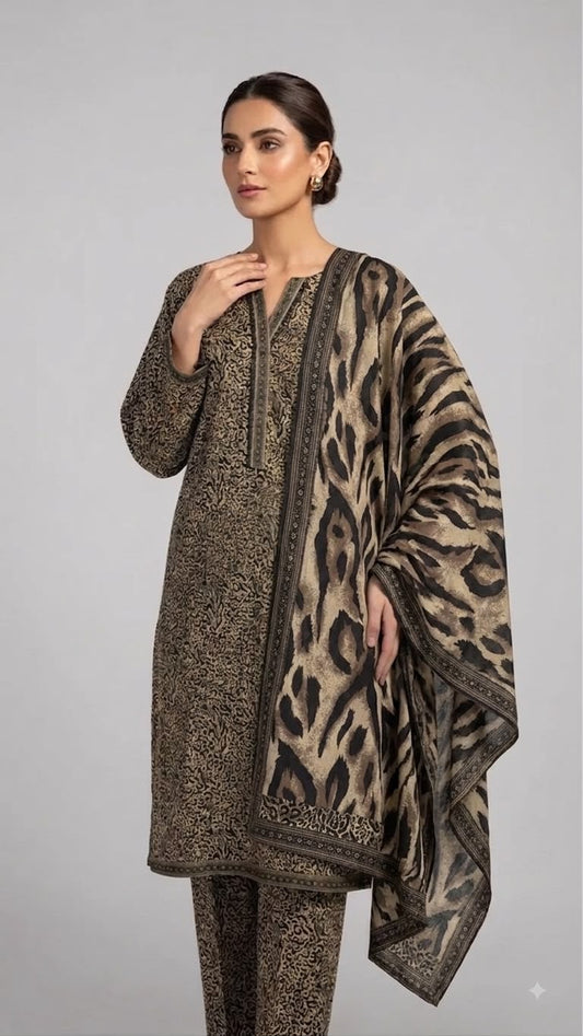 Bin Saeed 3pc Printed Lawn Suit: Earth-Toned Micro-Pattern Tunic & Trousers with Bold Animal Print Dupatta