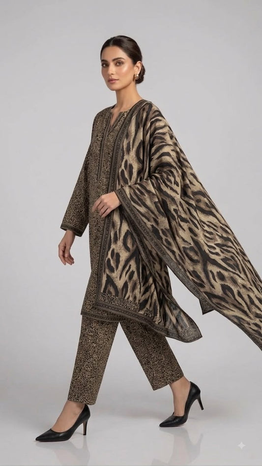 Bin Saeed 3pc Printed Lawn Suit: Earth-Toned Micro-Pattern Tunic & Trousers with Bold Animal Print Dupatta