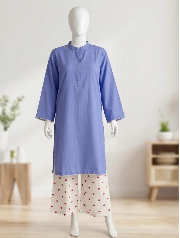 Sky Blue Cotton Kurti with Heart Print Plazo Trouser – 2 Piece Set