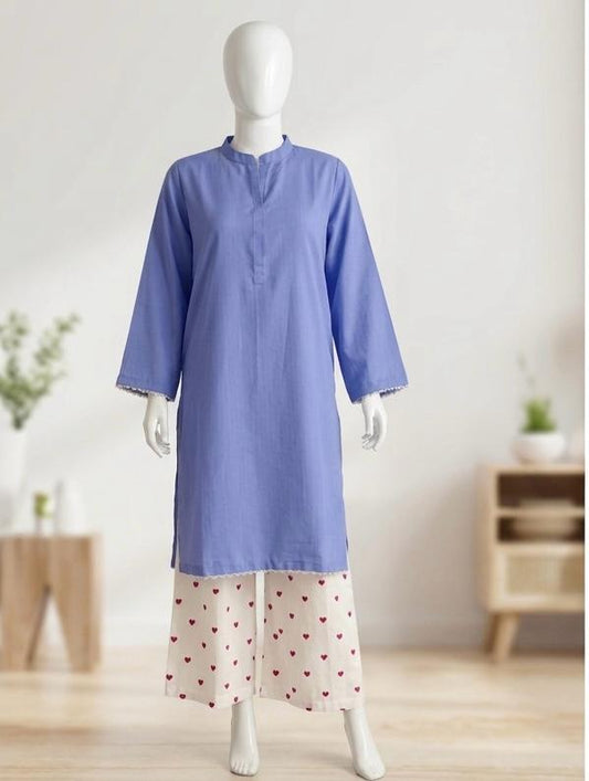 Sky Blue Cotton Kurti with Heart Print Plazo Trouser – 2 Piece Set