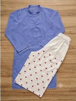 Sky Blue Cotton Kurti with Heart Print Plazo Trouser – 2 Piece Set