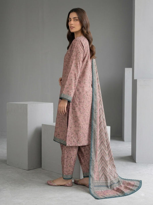 Bin Saeed Dusty Rose Floral Printed 3-Piece Lawn Suit with Chevron Dupatta