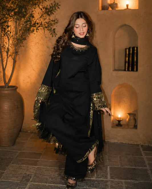 Mahrani Black Pearl Lawn Suit | Tila Sequin Embroidered 3 Piece with Chiffon Dupatta