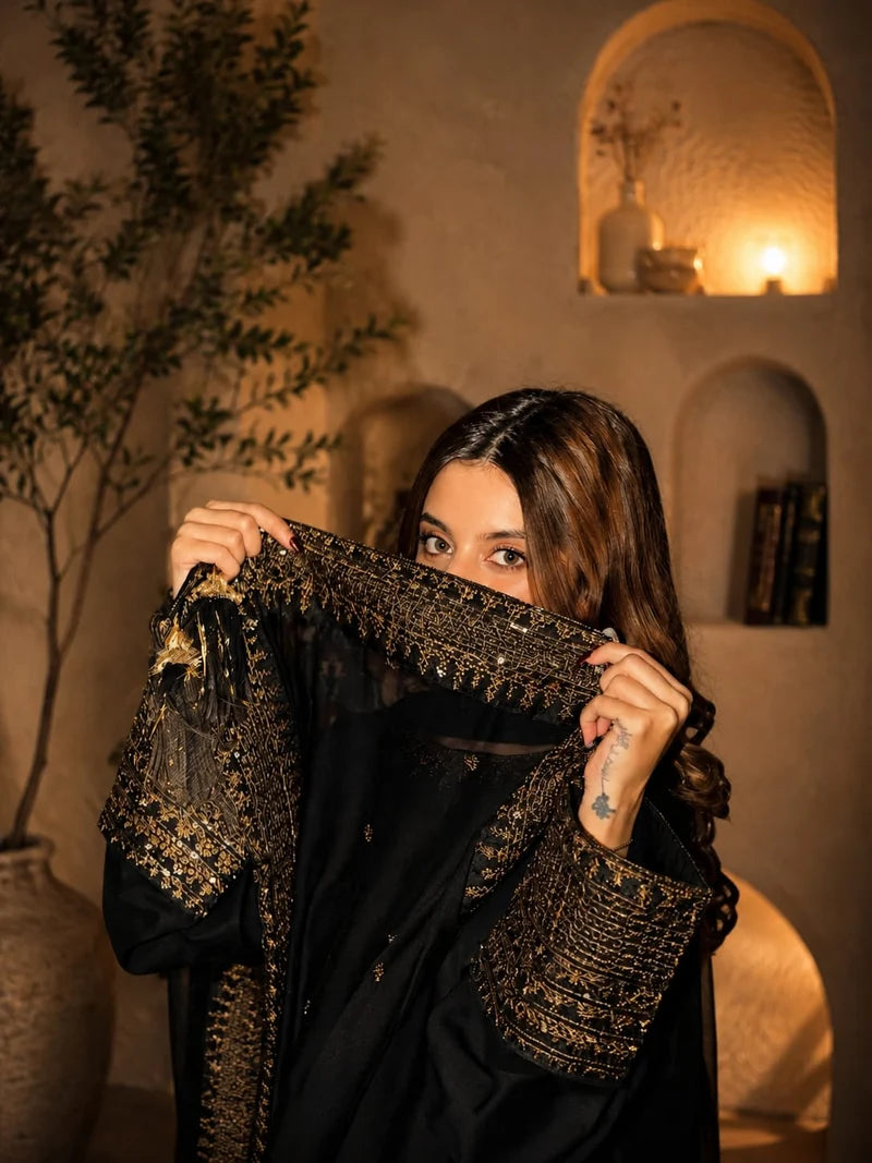 Mahrani Black Pearl Lawn Suit | Tila Sequin Embroidered 3 Piece with Chiffon Dupatta